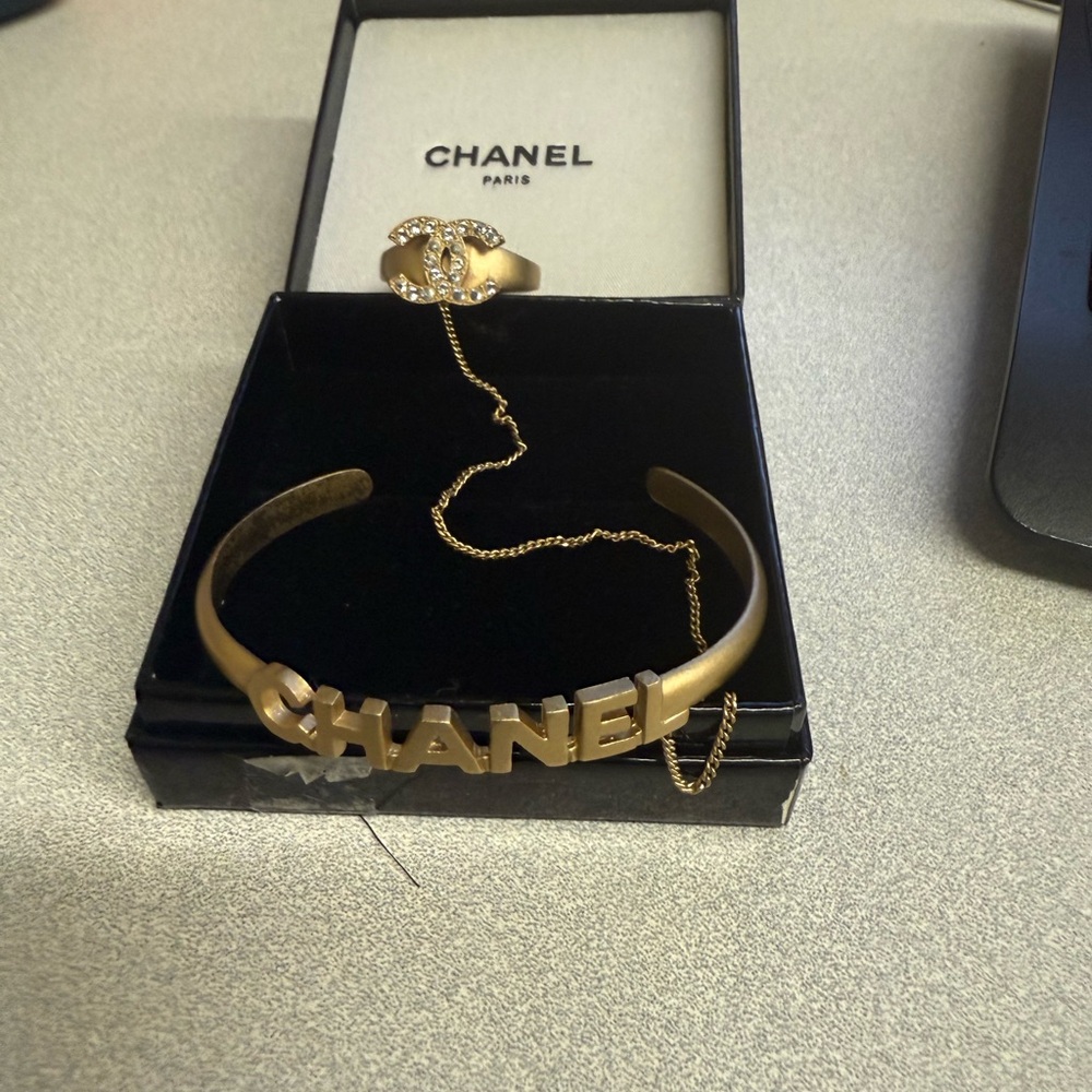 Chanel Vintage Gold Chained Crystal CC Ring & Bracelet Set